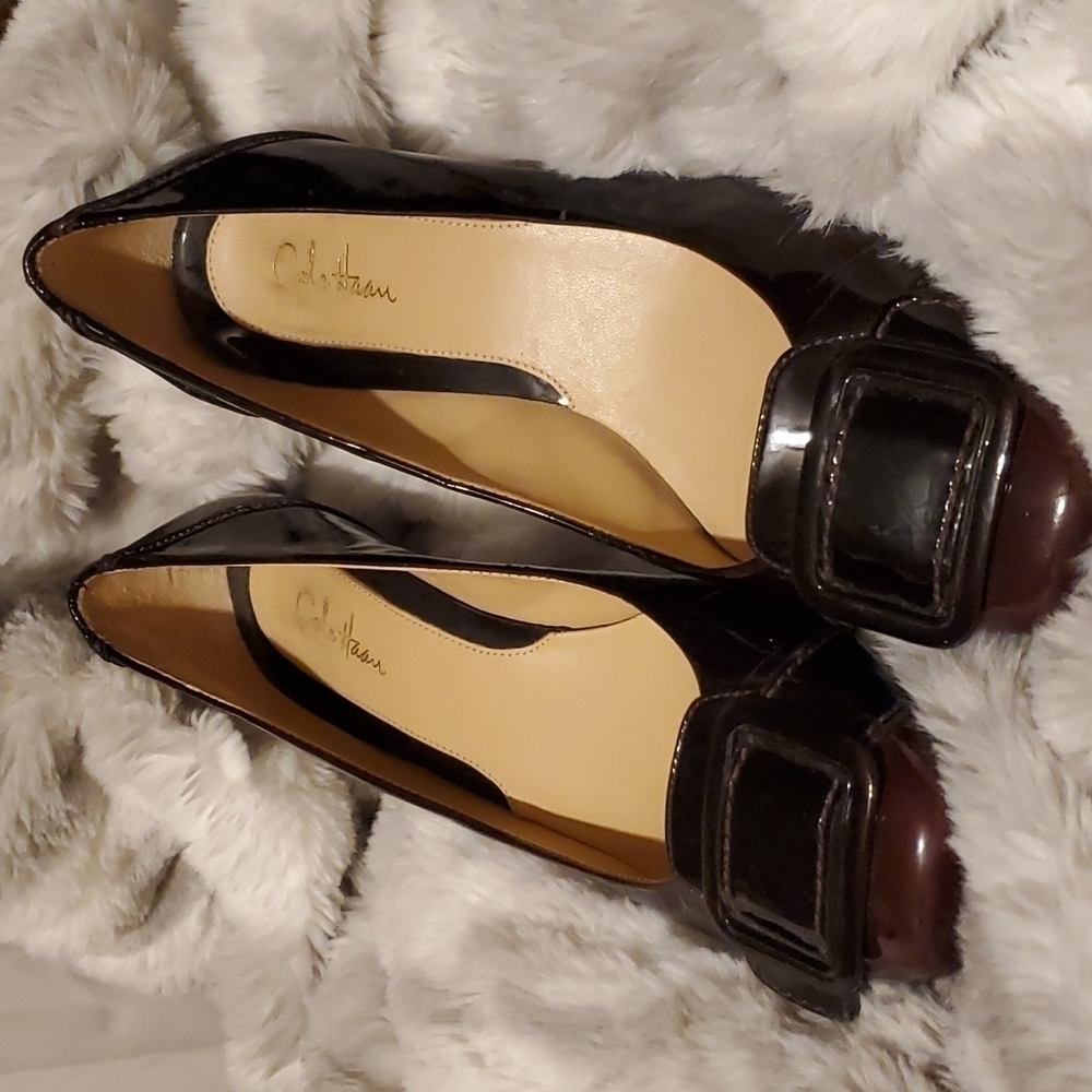 Cole Haan| Black Patent Leather Buckle Toe Kitten Heels Office Career Wear 7.5